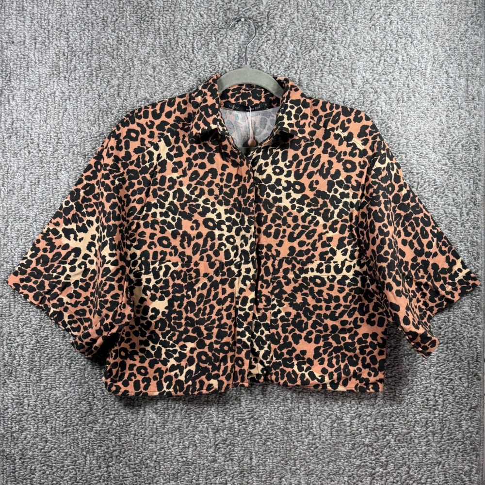 Maria Filo Cropped Shirt Tan Black‎ Leopard Print Linen Blend Boxy Top Womens L